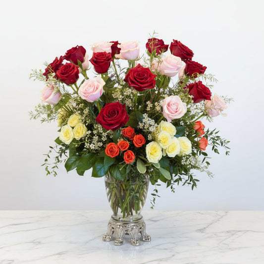 Rainbow Romance 3 dozen premium mixed 36 color roses and spry roses IN:965