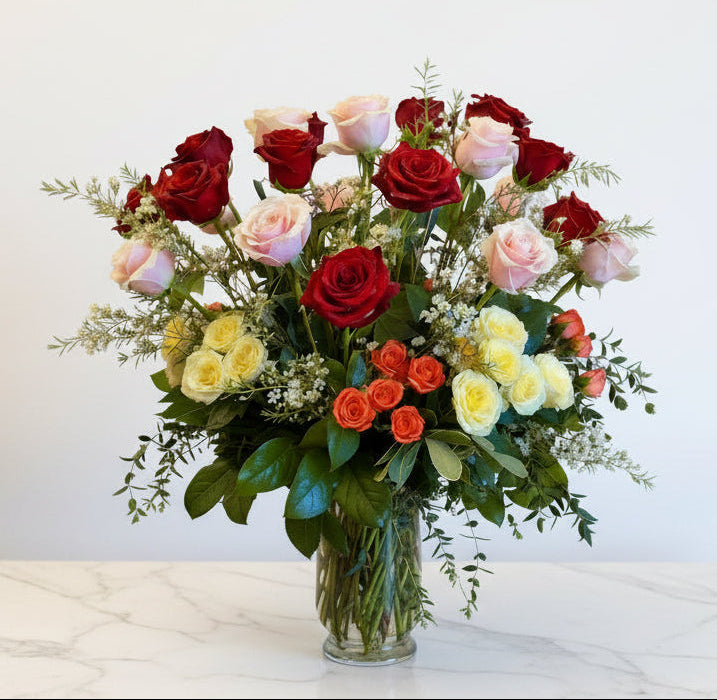 Rainbow Romance  3 dozen premium mixed 36 color roses and spry roses    IN:965